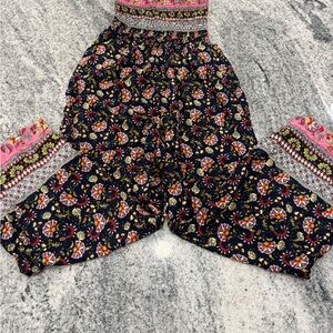 Smocked Navy Floral Boho Jumpsuit with Pink Trim